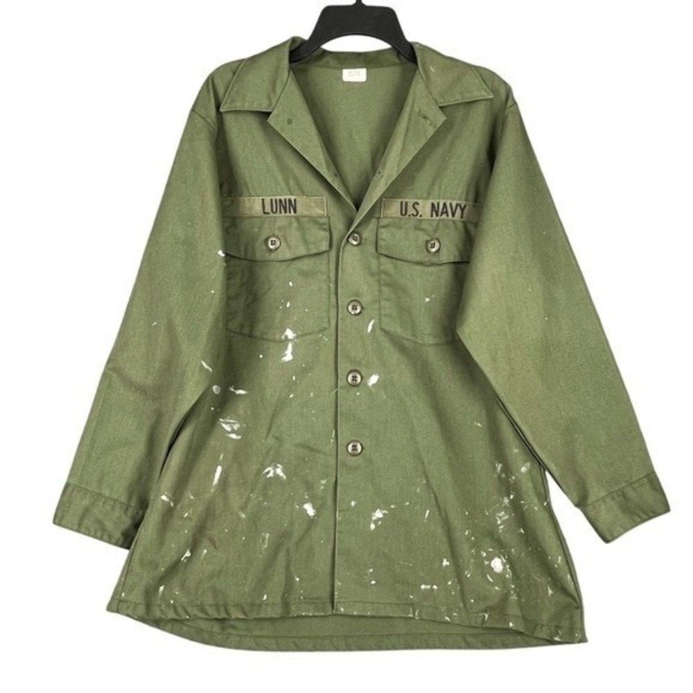 Vintage 70s US Navy Military Utility Shirt Mens 16.5 L Paint Splatter Field Coat